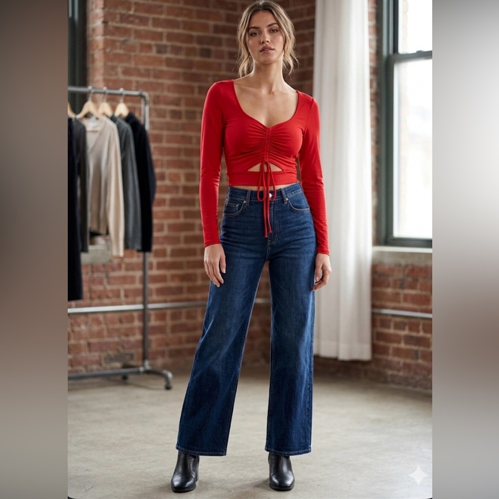 All Saints Red Long-Sleeve Ruched Crop Top